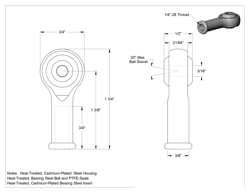 Teknik Çizim - Yüksek Hızlı Bilyalı Rulman Çubuk Ucu, Büyük Boy Şaftlı Ek Parçası, 1/4"-28 Diş Boyutu, 3/16" İç Çap