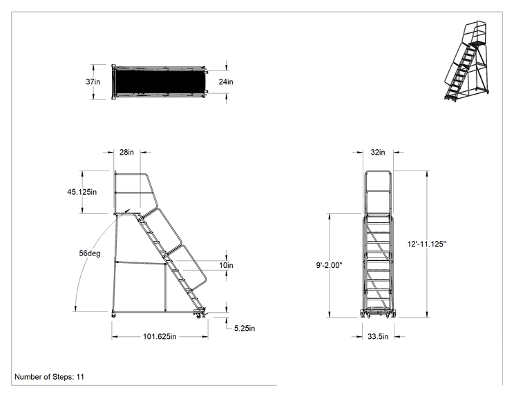 Teknik Çizim - Montajlanmamış Tırtıklı Platformlu Tekerlekli Merdiven, 11 Basamaklı, 9'2" Yükseklik x 28" Derinlik Platform, 12'11" Toplam Yükseklik