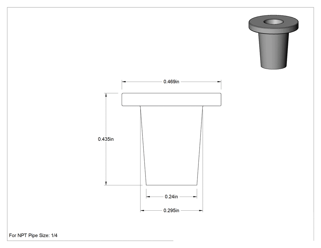 Teknik Çizim - İçi Boş Konik Fişler, Yüksek Sıcaklık, 1/4 boru için, 0.24" ila 0.295" iç çap aralığı için