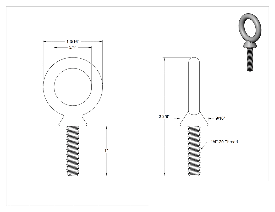 Teknik Çizim - 304 Paslanmaz Çelik Halka Cıvata, Kaldırma için Omuzlu, 1/4"-20 Diş Boyutu, 1" Diş Uzunluğu