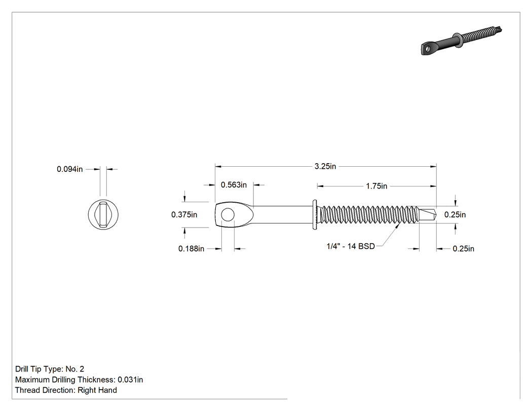Teknik Çizim - Delik Açma Vidalı Askılar, Sarı Kromat Kaplamalı Çinko, 3/8" Baş Genişliği, 1/4" Boyut, 3-1/4" Uzunluk