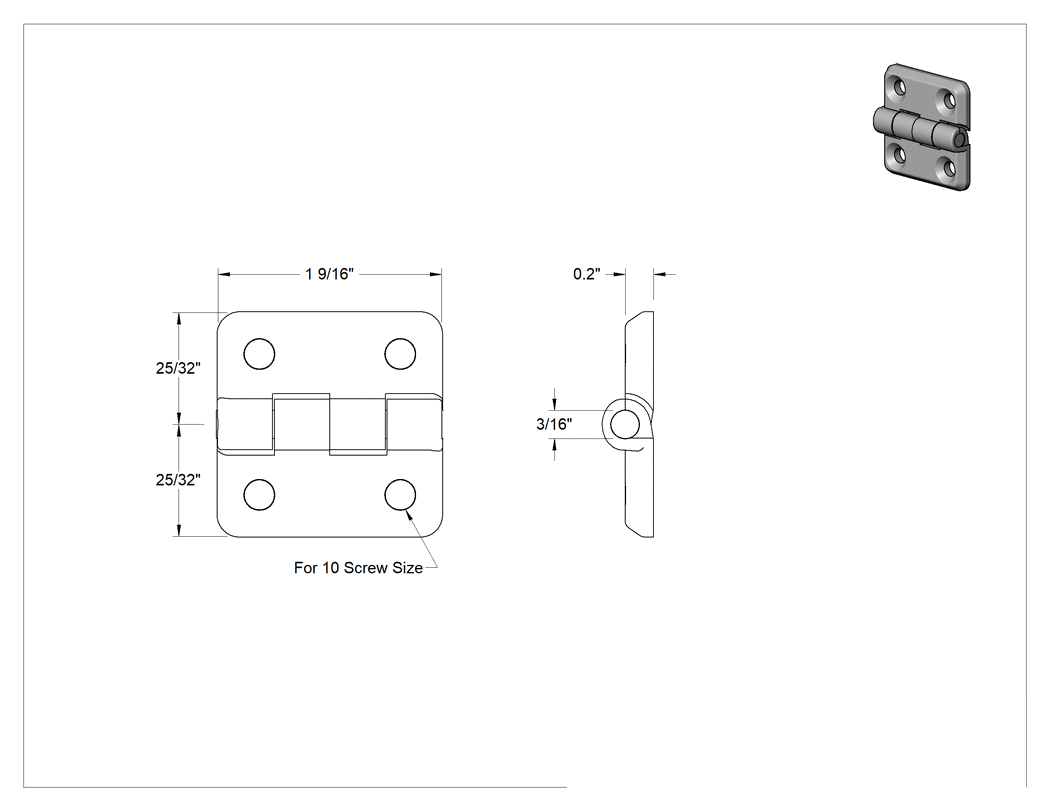 Teknik Çizim - Delikli Yüzeye Montaj Menteşesi, Siyah Çinko, Çıkarılamayan Pim, 1-9/16" x 25/32" Kapı Kanadı