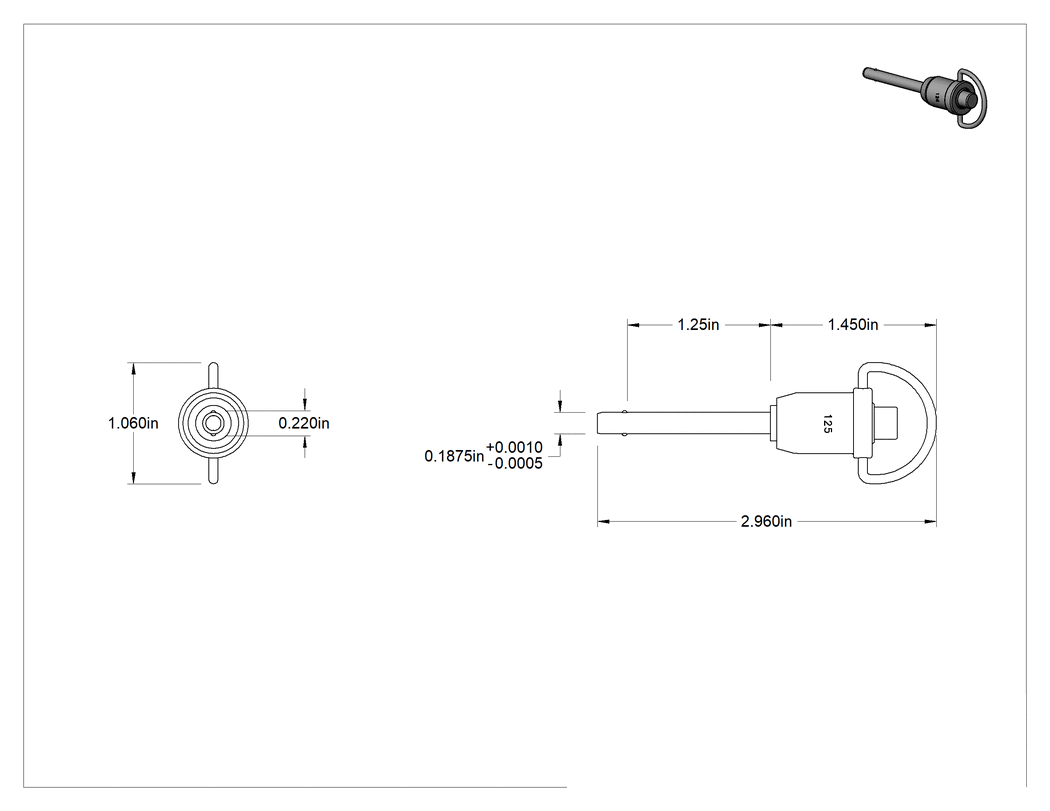 Teknik Çizim - D-Halkalı Düğme Tutamaklı Kilitli Hızlı Açma Pimi, Yüksek Mukavemetli 17-4 PH Paslanmaz Çelik, 3/16" Çap, 1-1/4" Kullanılabilir Uzunluk