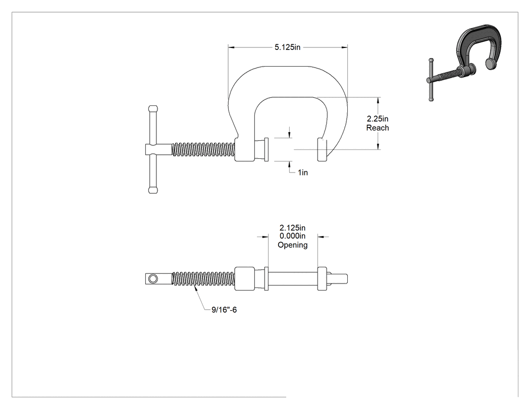 Teknik Çizim - C-Kelepçe, Bakır Kaplı Çelik Kayar T-Kolu, 0-2-1/8" Açıklık