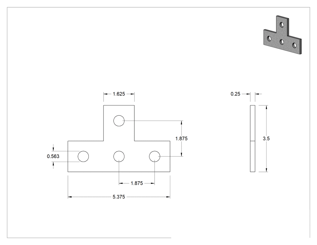 Teknik Çizim - Strut Kanalı Braketi, T, Siyah Toz Boyalı Çelik, 5-3/8" x 3-1/2"