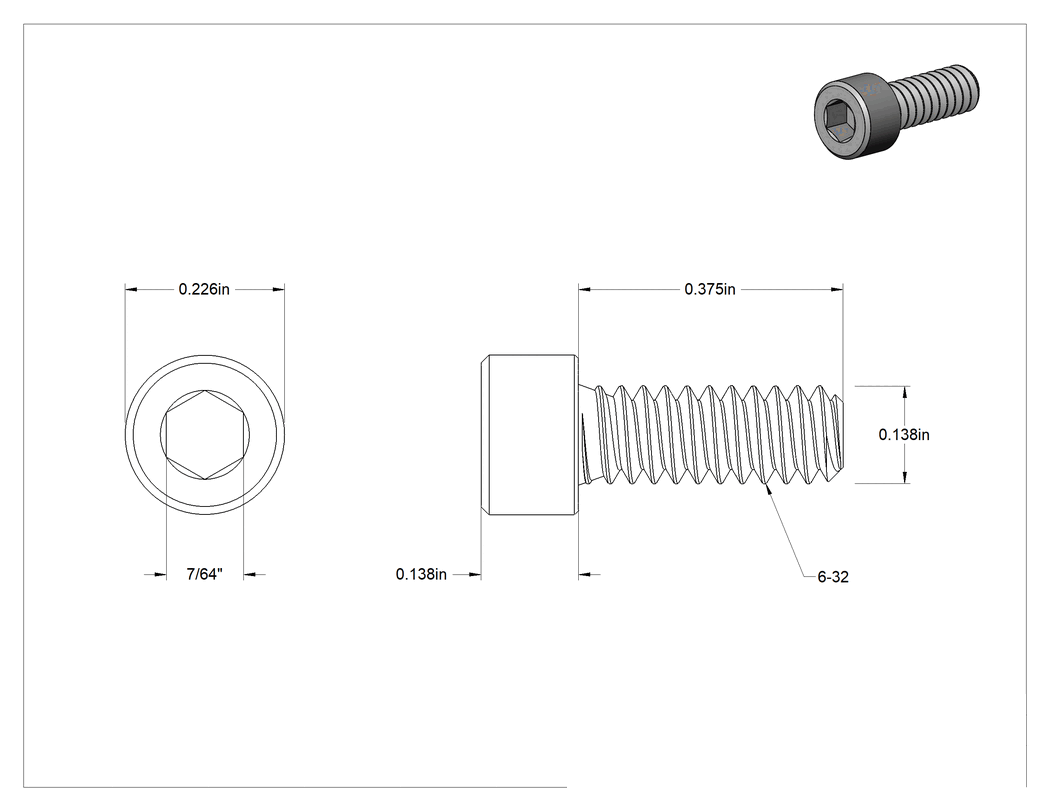Teknik Çizim - Krom Kaplı 18-8 Paslanmaz Çelik Alyan Başlı Vida, 6-32 Diş Boyutu, 3/8" Uzunluk