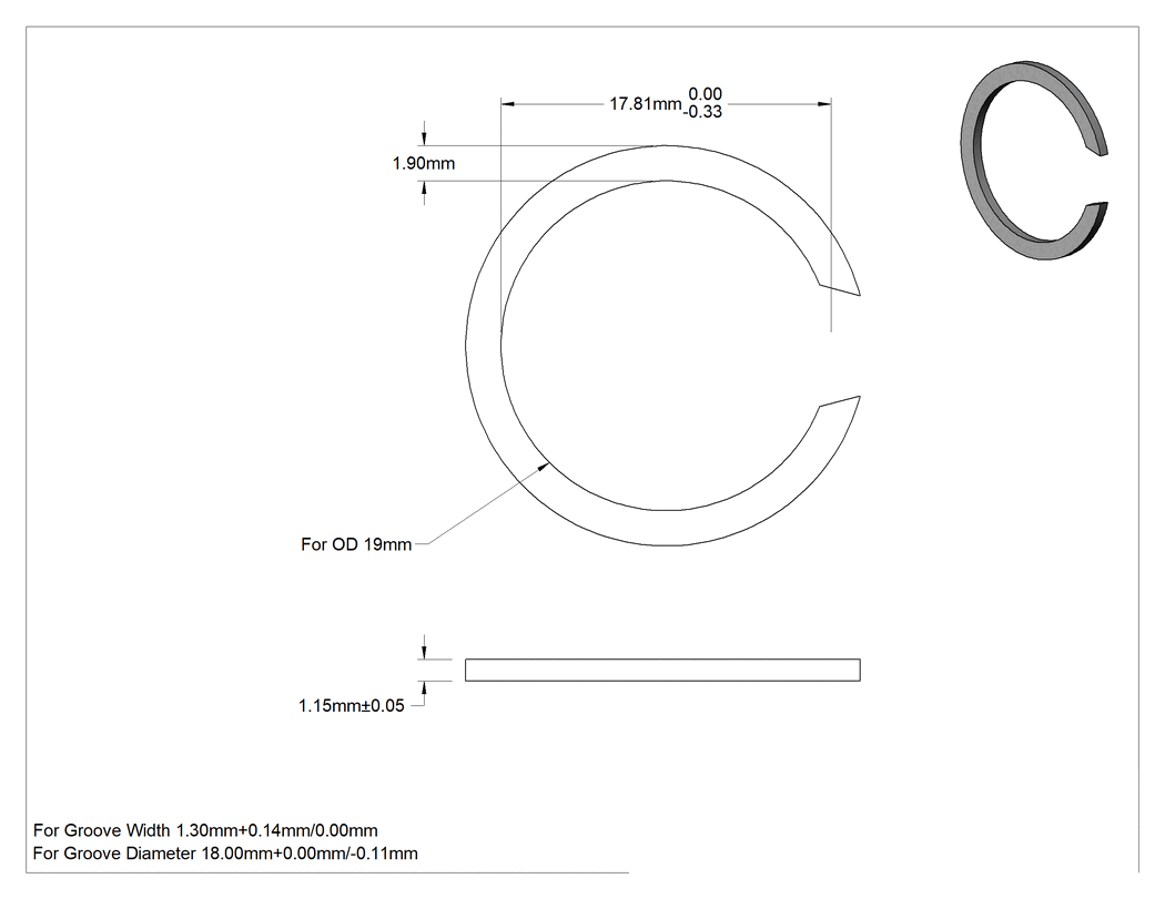 Teknik Çizim - Tek Turlu Spiral Dış Segman, 19 mm Dış Çap için, 18-8 Paslanmaz Çelik