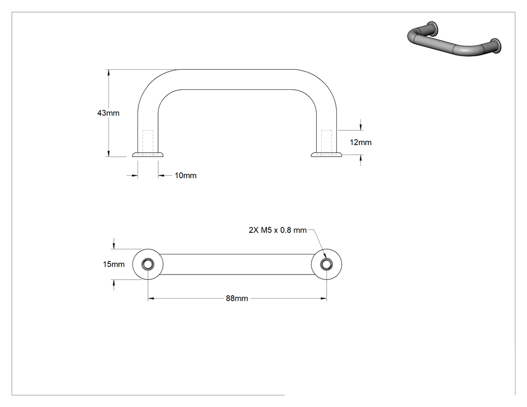 Teknik Çizim - Mat 300 Paslanmaz Çelik Yuvarlak Çekme Kolu, 88 mm Merkezden Merkeze Genişlik