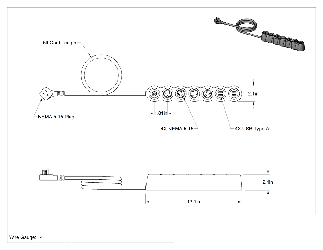 Teknik Çizim - Priz Şeridi, 4 Adet USB-A Bağlantı Noktalı, 4 Çıkış