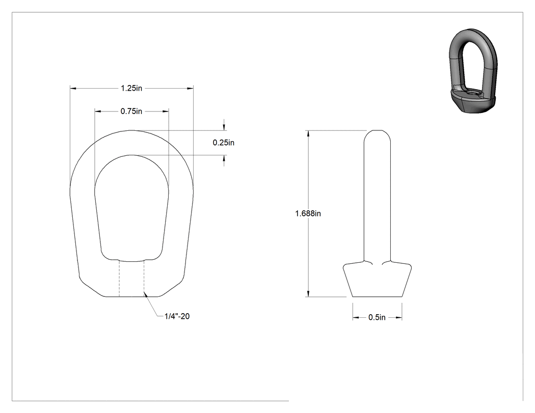 Teknik Çizim - Çelik Oval Halkalı Somun - Kaldırma için, 1/4"-20 Diş Boyutu