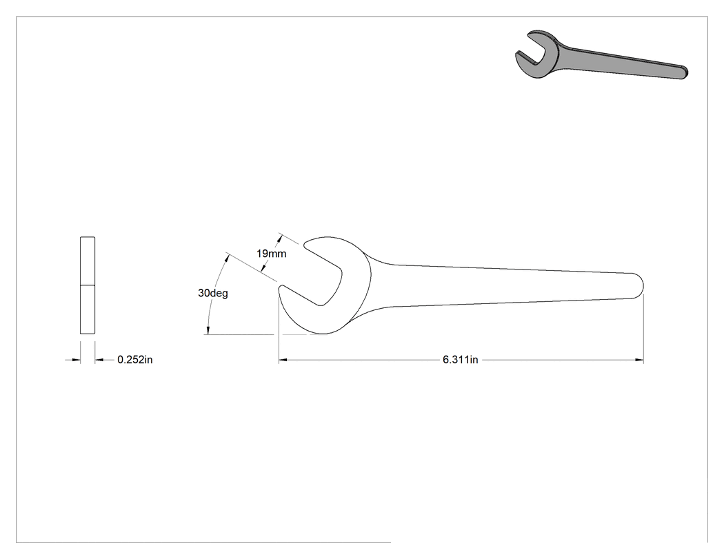 Teknik Çizim - Sıkı Boşluklu Açık Uçlu Anahtar, 19 mm Boyut, 6-3/8" Toplam Uzunluk, Mat Krom Kaplama