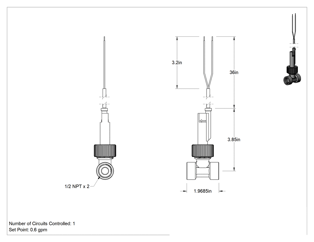 Teknik Çizim - İçme Suyu için Sabit Ayarlı Akış Anahtarı, 1/2 NPT Dişi