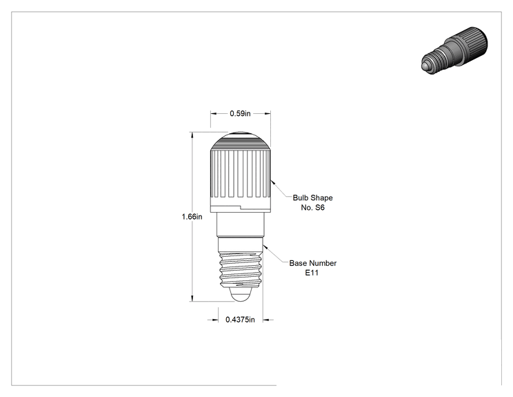 Teknik Çizim - Vidalı Tabanlı Minyatür Ampul, Boru Şeklinde, Anma Numarası 3S6 ve 6S6, 1.6W, Şeffaf