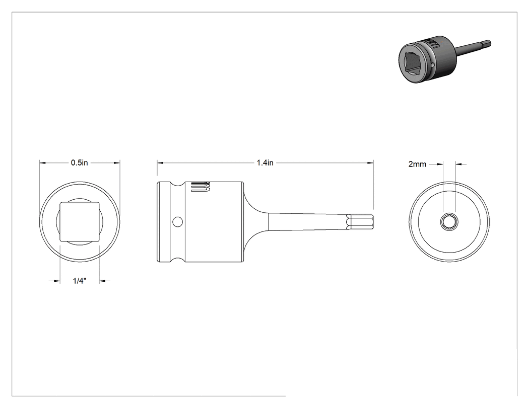 Teknik Çizim - Darbe Altıgen Uçlu Soket, 1/4" Kare Tahrik, 2 mm Tahrik Boyutu