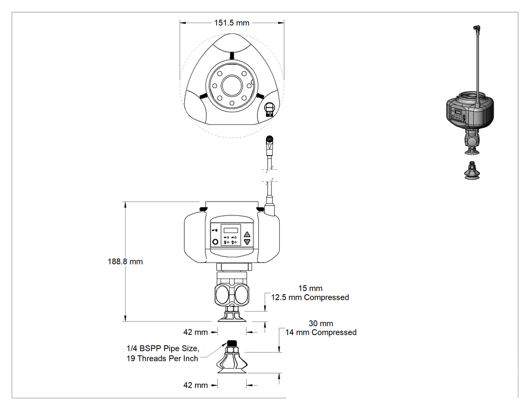 Teknik Çizim - Robot Uyumlu Elektrikli Vakum Kaldırıcılar, LED Ekranlı, Universal Robots kolu için, Elektrikli