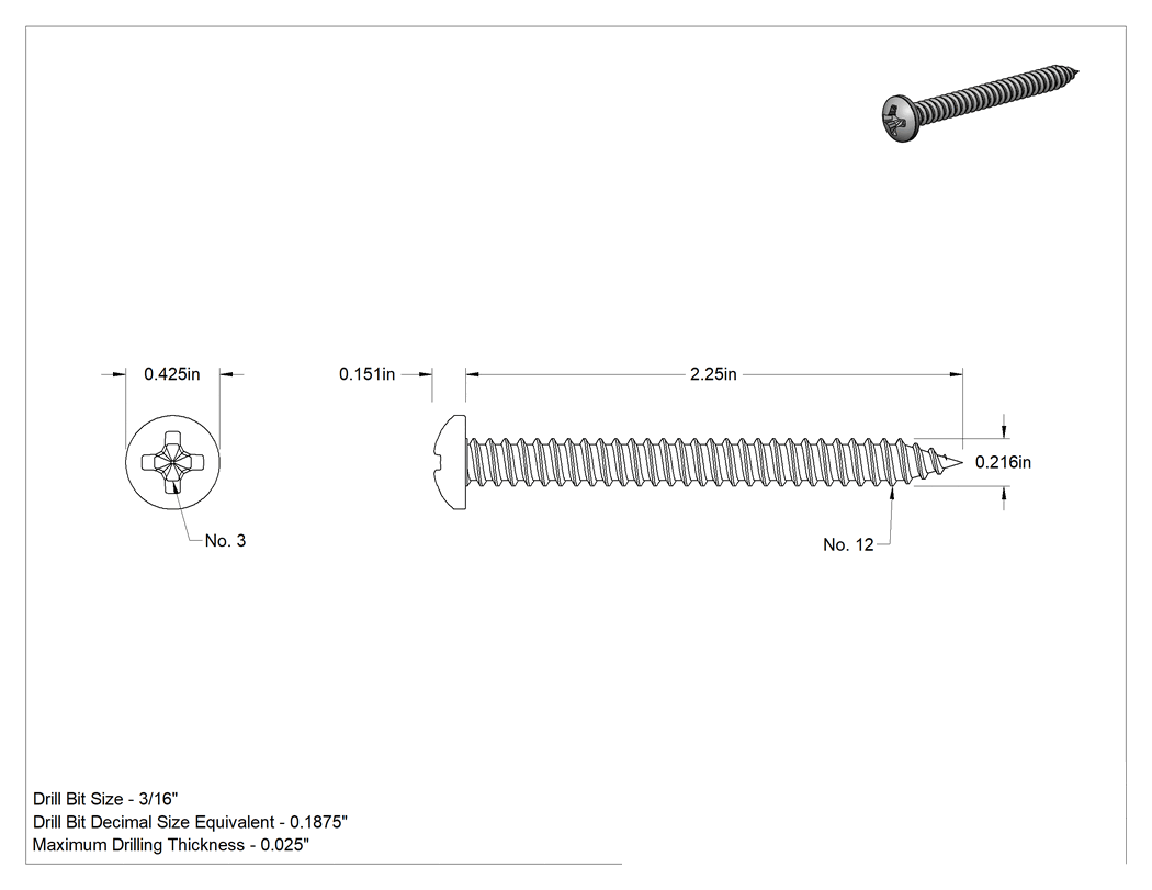 Teknik Çizim - Sac Metal için Phillips Yuvarlak Başlı Vidalar, 18-8 Paslanmaz Çelik, 12 Numaralı Vida Boyutu, 2-1/4" Uzunluk