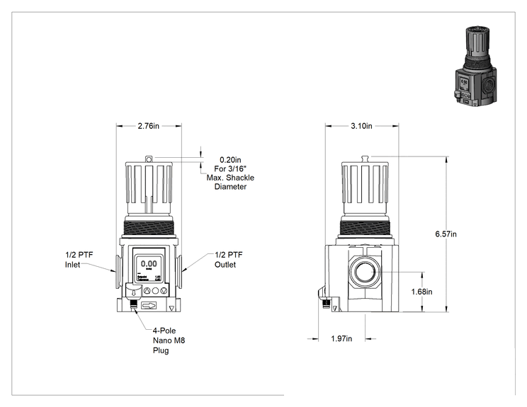Teknik Çizim - Ekranlı Basınçlı Hava Regülatörü, Elektronik Kontrollü, 1/2 NPT Dişi