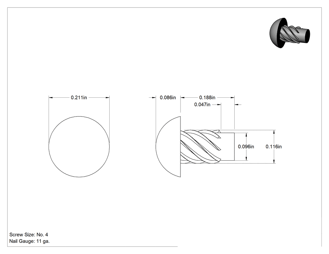 Teknik Çizim - Çinko Kaplı Çelik Vida Çivileri, Metal için, Plastik ve Kontrplak, 4 Boyut, 3/16" Uzunluk