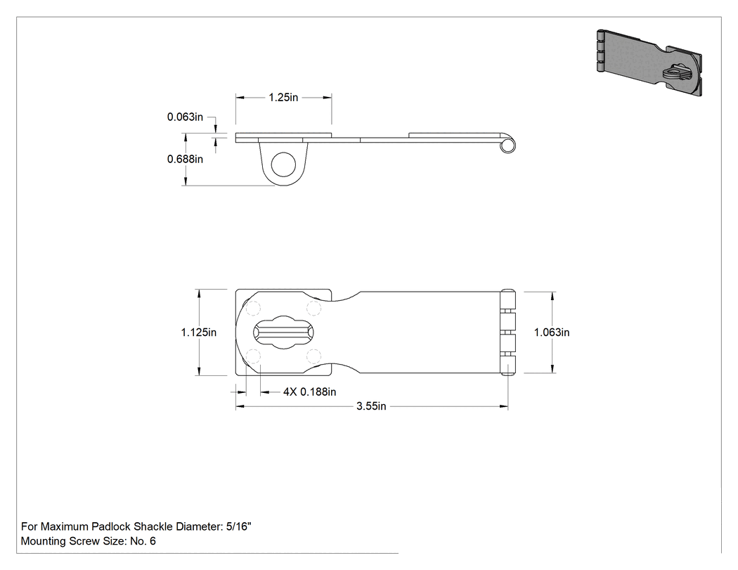 Teknik Çizim - Asma Kilitli Mandal, 3-9/16" x 1-1/16" x 1/16" Kollu, 304 Paslanmaz Çelik