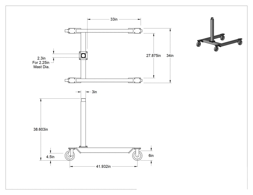 Teknik Çizim - El Vinçli Vinç, Mobil Taban, Toz Boyalı Çelik, 2-1/4" Direk Çapı için