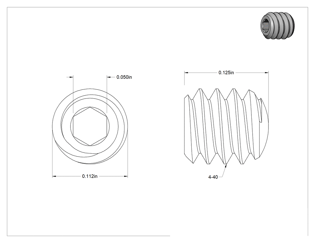 Teknik Çizim - 18-8 Paslanmaz Çelik Oval Uçlu Setskur, 4-40 Diş, 1/8" Uzunluk