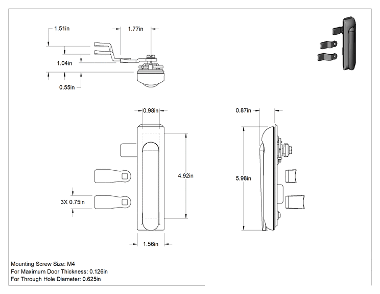 Teknik Çizim - Salıncaklı Tutamaklı Kam Mandalı, 1/8" Maksimum Kalınlık için, 5-1/8" Uzunluğunda Sap