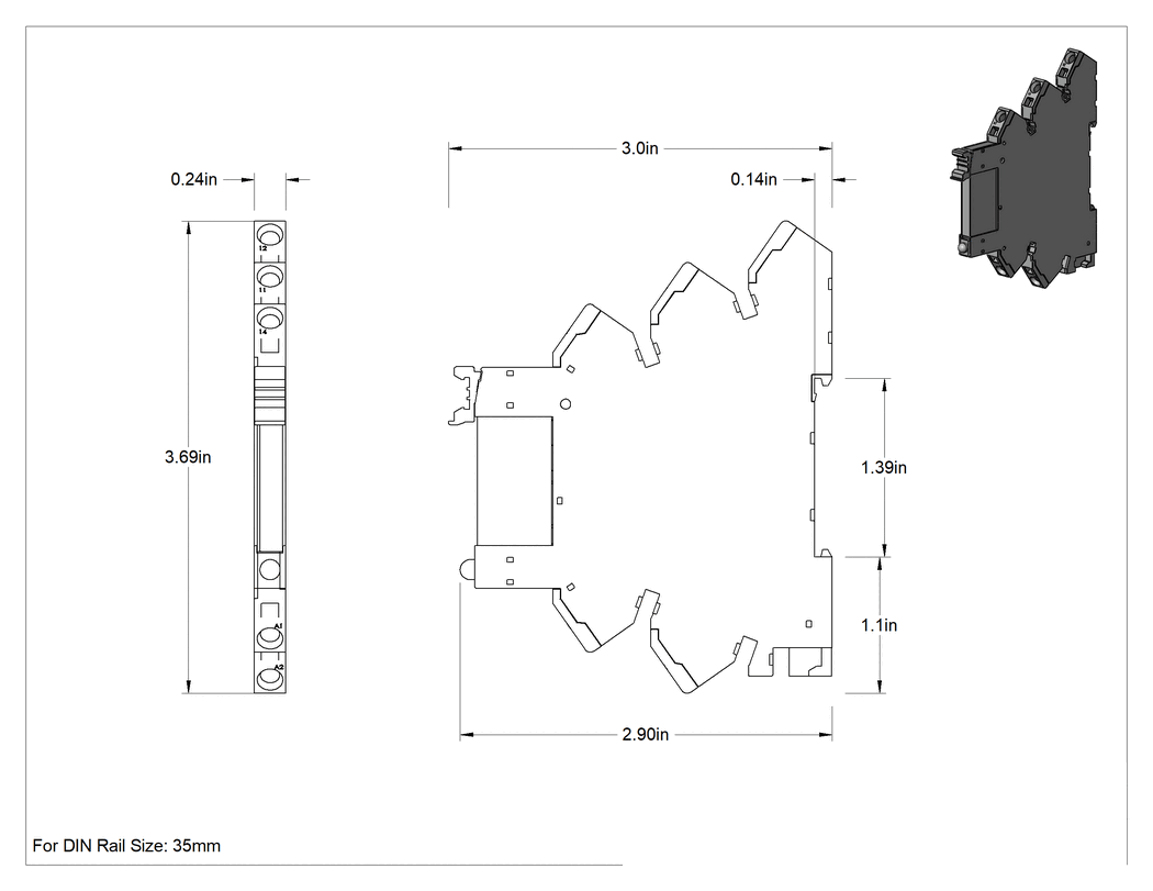 Teknik Çizim - DIN Rayına Monte Arayüz Rölesi, SPDT, Yaylı Kelepçe Terminalleri, 12 V AC/DC Giriş, 16 mA