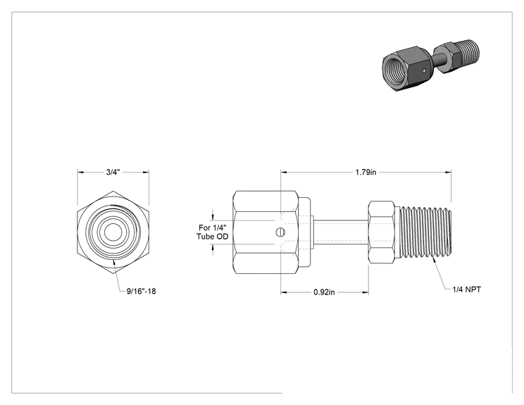 Teknik Çizim - Paslanmaz Çelik Boru için Ultra Parlak Conta Bağlantı Parçası, Döner Adaptör, 1/4" Boru Dış Çapı Dişi x 1/4 NPT Erkek için