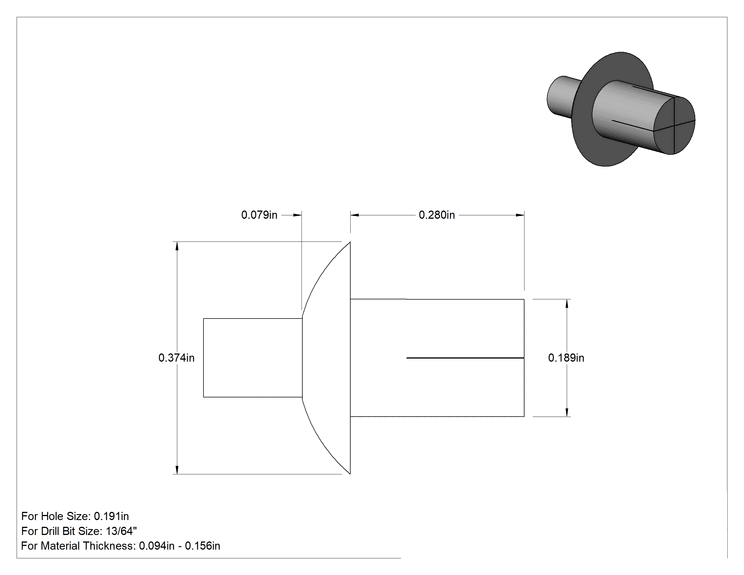 Teknik Çizim - Pim Tahrikli Perçinler, 3/16" Çap, 0.094" - 0.156" kalınlık için, 0.375" Baş Çapı