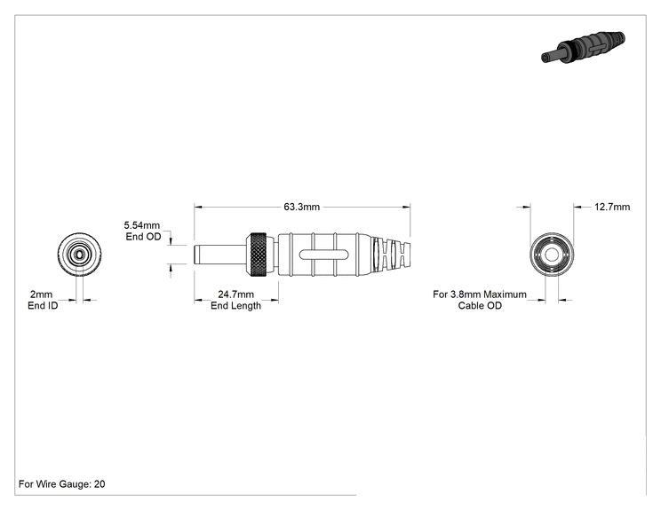 Teknik Çizim - IP68 Vidalı DC Fişi, 3.8 mm Kablo Dış Çapı