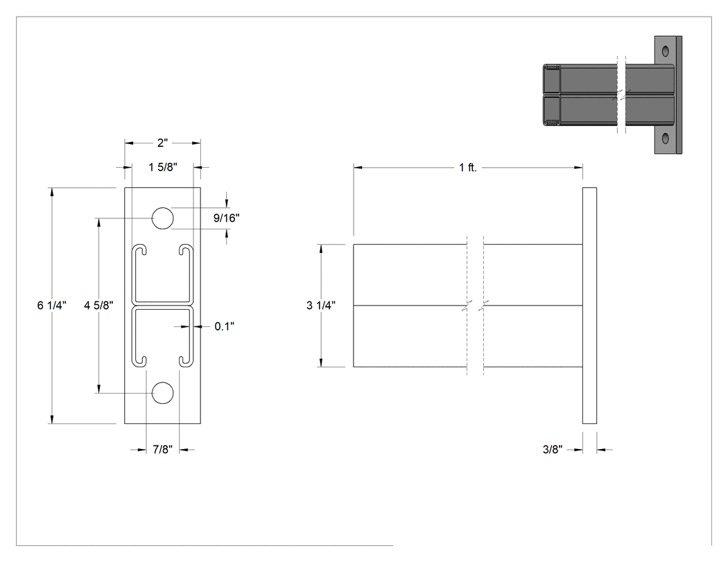 Teknik Çizim - Montaj Plakalı Strut Kanalı, Sırt Sırta, Yeşil Toz Boyalı Çelik, 1 Fit Uzunluğunda