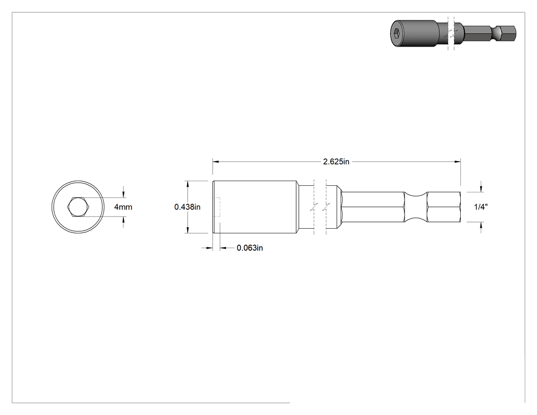 Teknik Çizim - Somun Sökme Ucu, Bağlantı Elemanı Tutucu, 1/4" Altıgen Boyutu, 4 mm Boyut, 2-5/8" Uzunluk