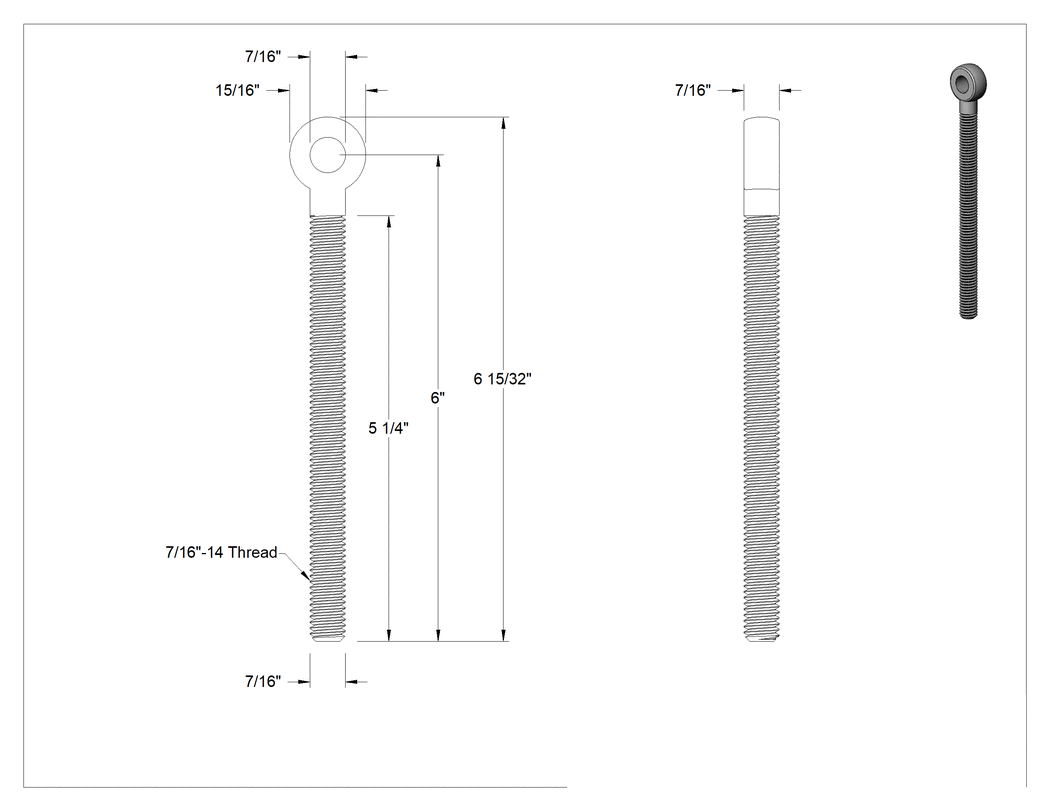 Teknik Çizim - Tam Gijon Ucu Cıvatası, 7/16"-14 x 0 Şaft Dişi, 6" Şaft Merkez Uzunluğu