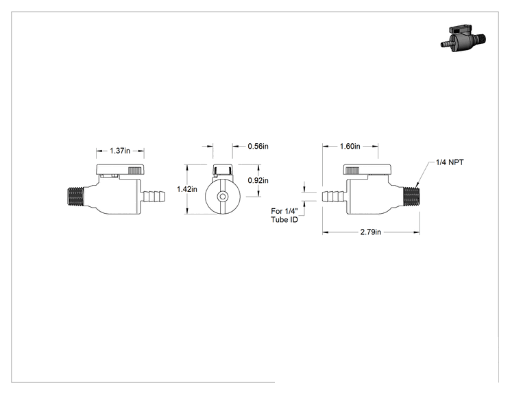 Teknik Çizim - Gıda ve İçecek için Açma/Kapama Vanası, Polipropilen, 1/4 NPT Erkek x 1/4" İç Çaplı Boru için Tırnaklı Uç