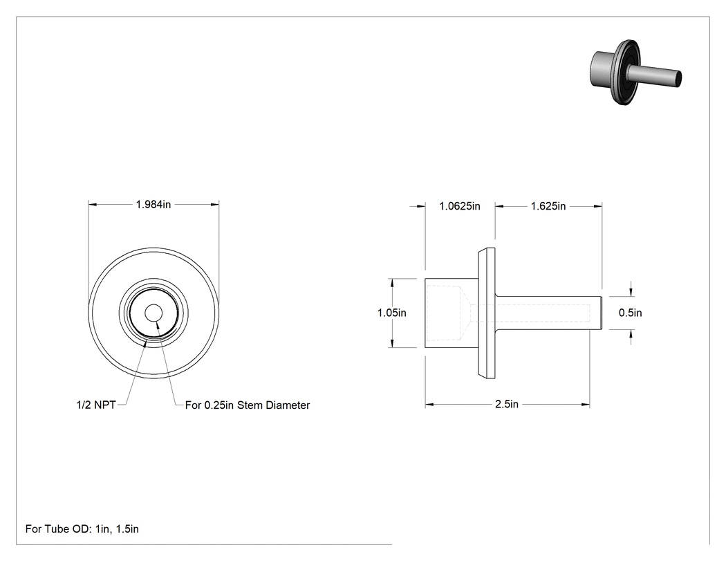 Teknik Çizim - Gıda ve İçecek Hijyenik Bağlantılı Termovell, Hızlı Kelepçe, 1" ve 1-1/2" Boru Dış Çapı için, 2-1/2" Mil Uzunluğu
