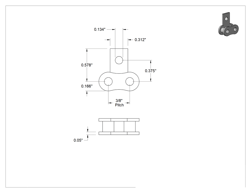 Teknik Çizim - Bağlantı Makaralı Zincir Halkası, ANSI 35 Numaralı Zincir için SA-1 Tırnaklı Bağlantı Halkası