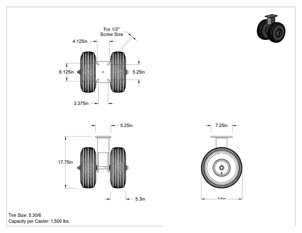 Teknik Çizim - Lastik Tekerlekli Yüksek Kapasiteli Tekerlek, Düz-Sızdırmaz, 7-1/4" x 5-1/4" Plaka, 14 inç Tekerlek Çaplı Sert