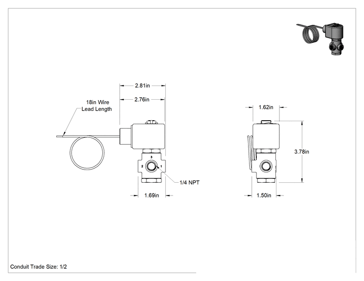 Teknik Çizim - Pirinç Gövde Solenoid Açma/Kapama Vanası, Kompakt, Yan Egzoz Deliği, 1/4 NPT Dişi, 50 Maksimum PSI