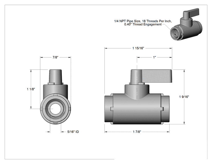 Teknik Çizim - Siyah Naylon Açma/Kapama Vanası, Kompakt, 1/4 NPT Dişi x 1/4 NPT Dişi, 2.9 Cv