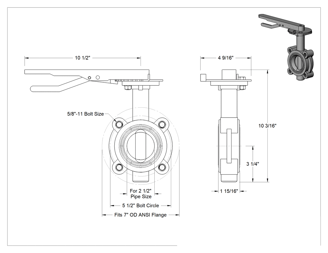 Teknik Çizim - Sfero Döküm Flanş Montajlı Akış Ayar Valfi, Kollu Tırnaklı Vana, 2 1/2 Boru Boyutu, -20° ila 180°F