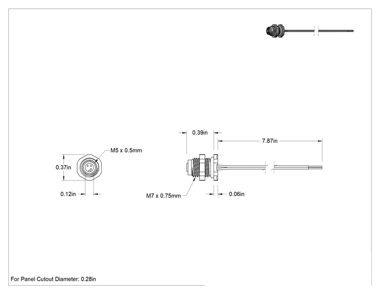 Teknik Çizim - M5 Konektörler, 20" Kablo Uçlu Dişi Panel Montajlı Priz, 3 Kutup