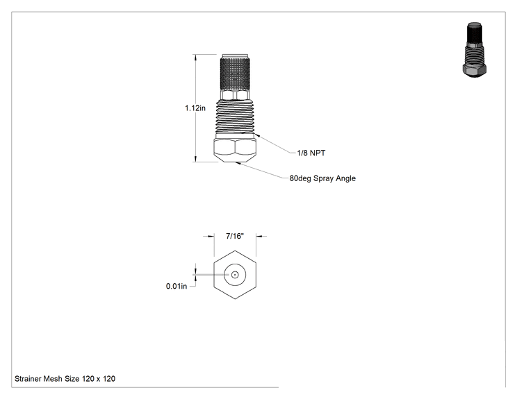 Teknik Çizim - Sisleme Nozulu, Tam Koni, 416 Paslanmaz Çelik, 1/8 NPT Erkek, 40 PSI'da 0.63 gph
