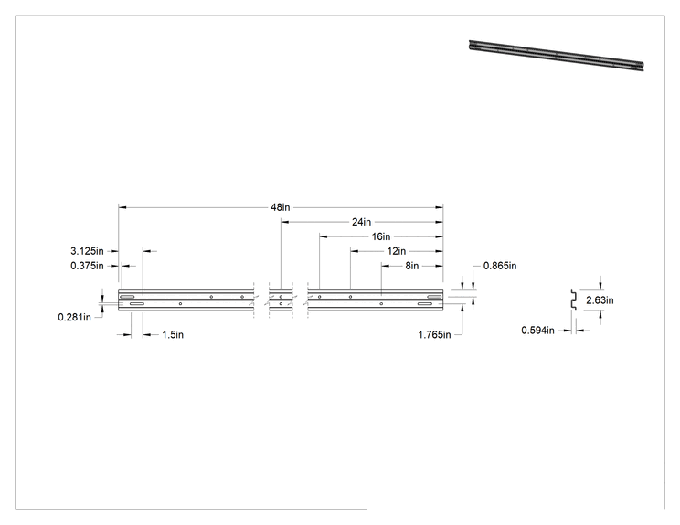 Teknik Çizim - Duvara Monte Saklama Kutusu Rafı, 48" x 3" x 1/2" Toplam Boyut
