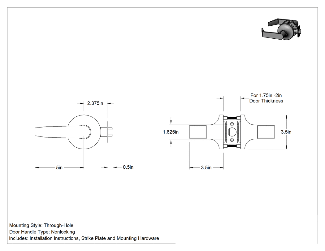 Teknik Çizim - Assa Abloy Accentra (Yale) 5300Ln Kapı Kolu, 2-3/8" Boğaz Mesafesi