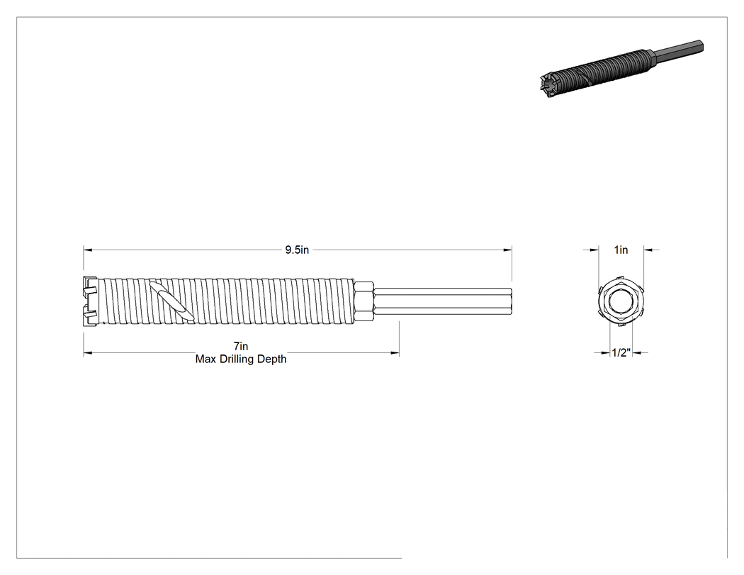 Teknik Çizim - Altıgen Şaftlı Karbür Uçlu Delik Matkabı, Duvar ve Beton için, 1" Boyut, 9" Toplam Uzunluk