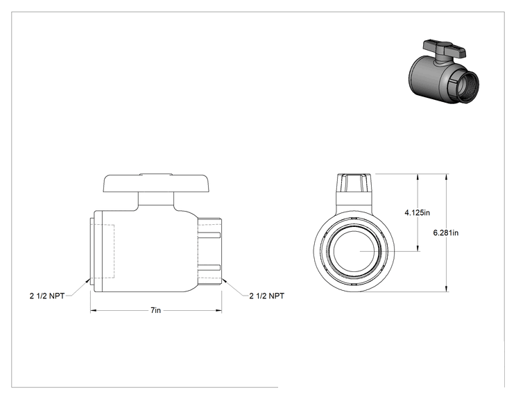 Teknik Çizim - İçme Suyu için Dişli Açma/Kapama Vanası, PVC, T-Saplı Düz, 2-1/2 NPT Dişi