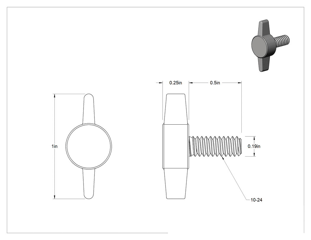 Teknik Çizim - Plastik Başlı Parmak Vidaları, İki Kollu, 10-24 Diş, 1/2" Uzunluk
