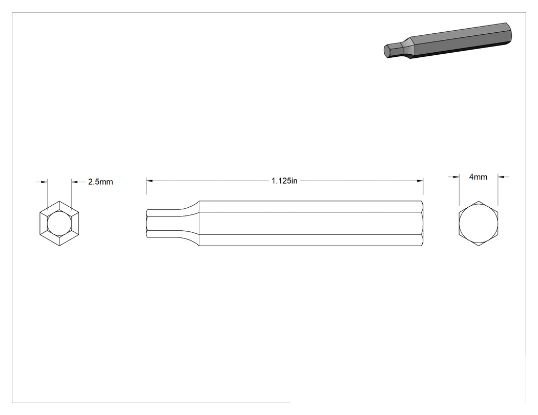 Teknik Çizim - 2.5 mm Altıgen Uç, 4 mm Altıgen Şaft