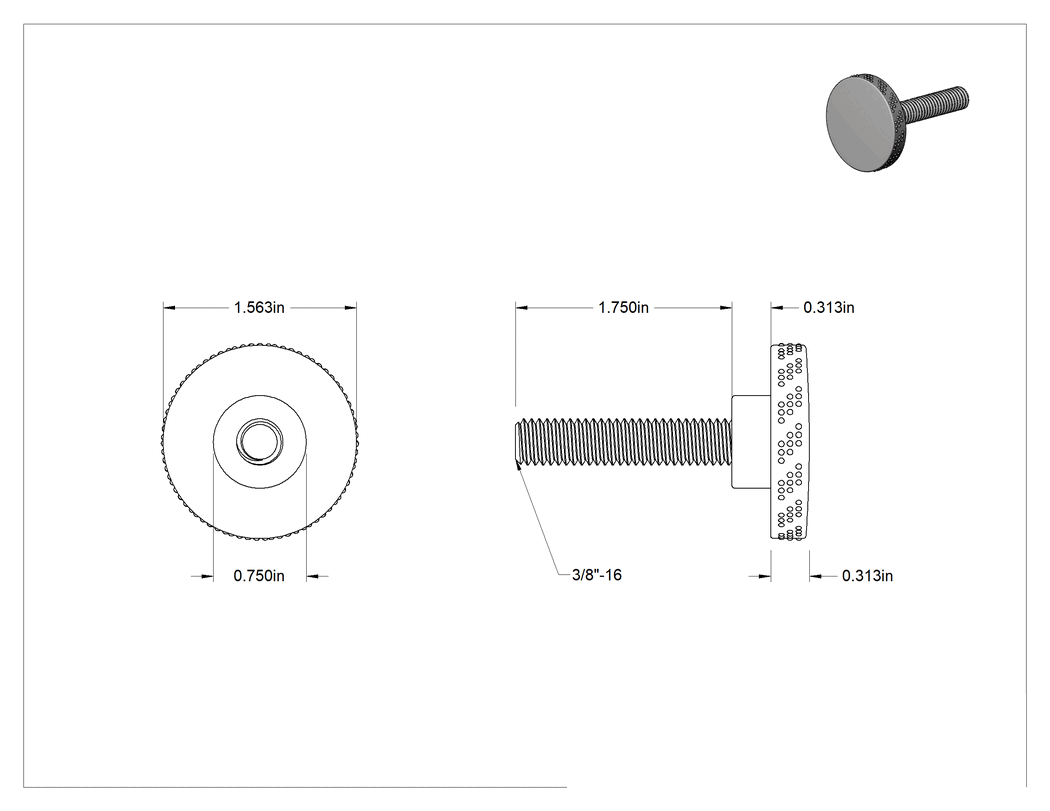 Teknik Çizim - Rahat Tutuşlu Plastik Tırtıllı Düğme, 3/8"-16 Dişli 1-3/4" Uzunlukta Saplamalı, 1-9/16" Baş Çapı
