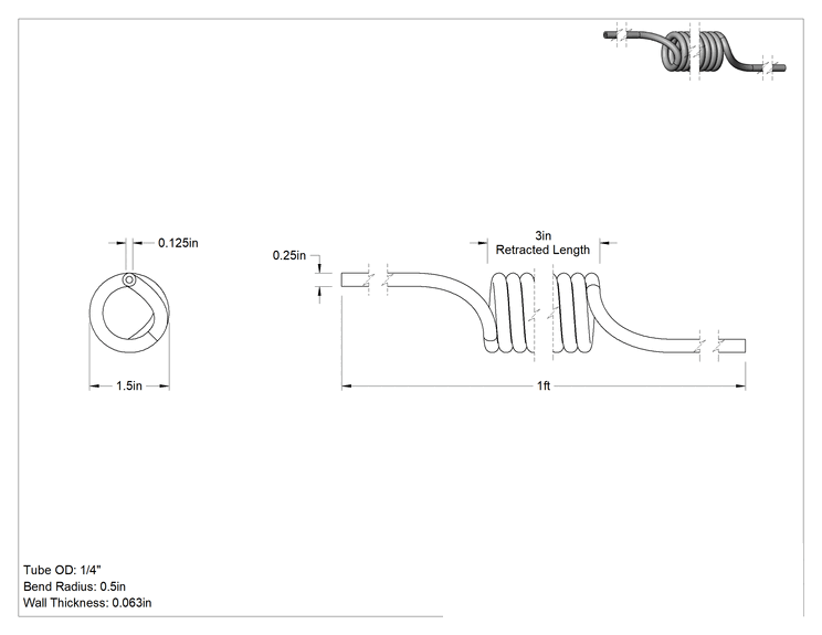 Teknik Çizim - Kendiliğinden Geri Çekilen FEP Yarı Şeffaf Boru, Kimyasallar için, 1/8" İç Çap, 1/4" Dış Çap, 1 Fit Uzunluğunda